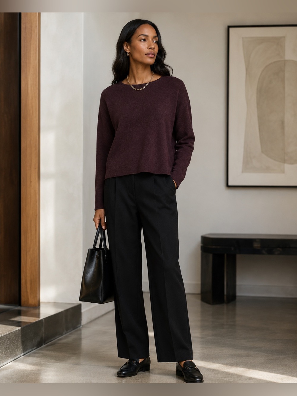 Eileen Fisher XS Plum Superfine Merino Wool Boxy Crewneck Sweater Italian Yarn N
